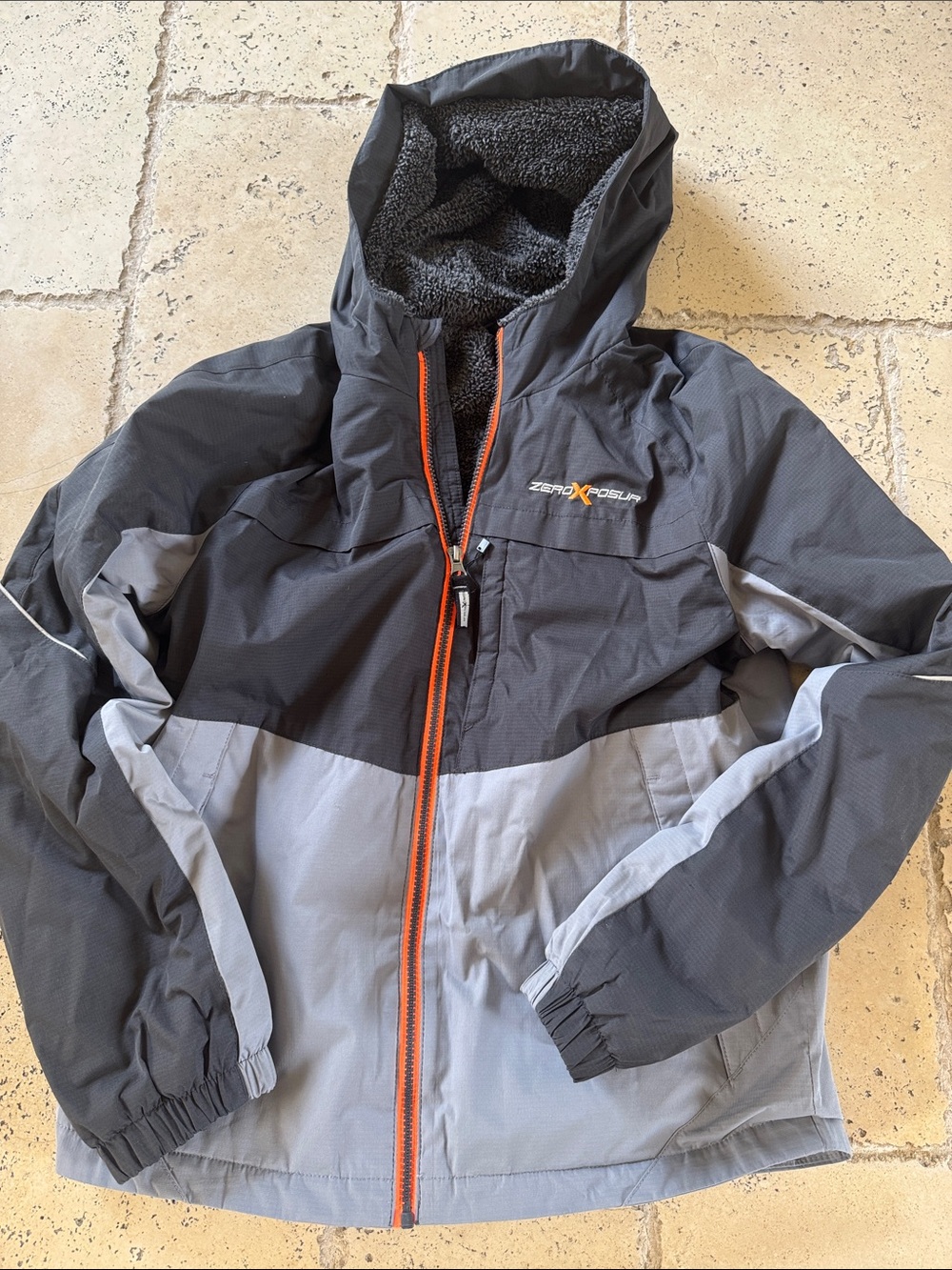 ZeroXposur Two-Tone Hooded Jacket in Charcoal, Light Gray & Orange
